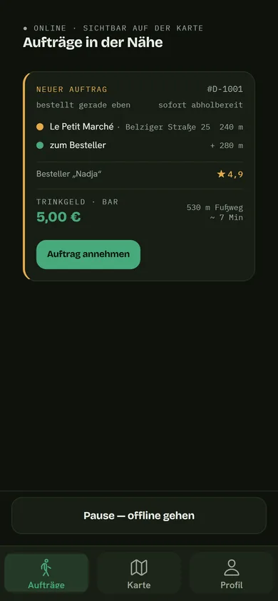 App: Aufträge in der Nähe mit Entfernung und Trinkgeld