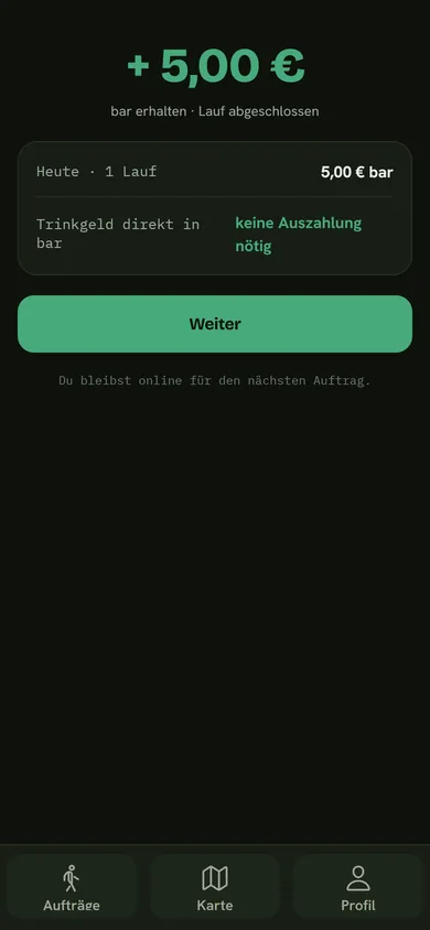 App: plus 5 Euro bar erhalten, Lauf abgeschlossen